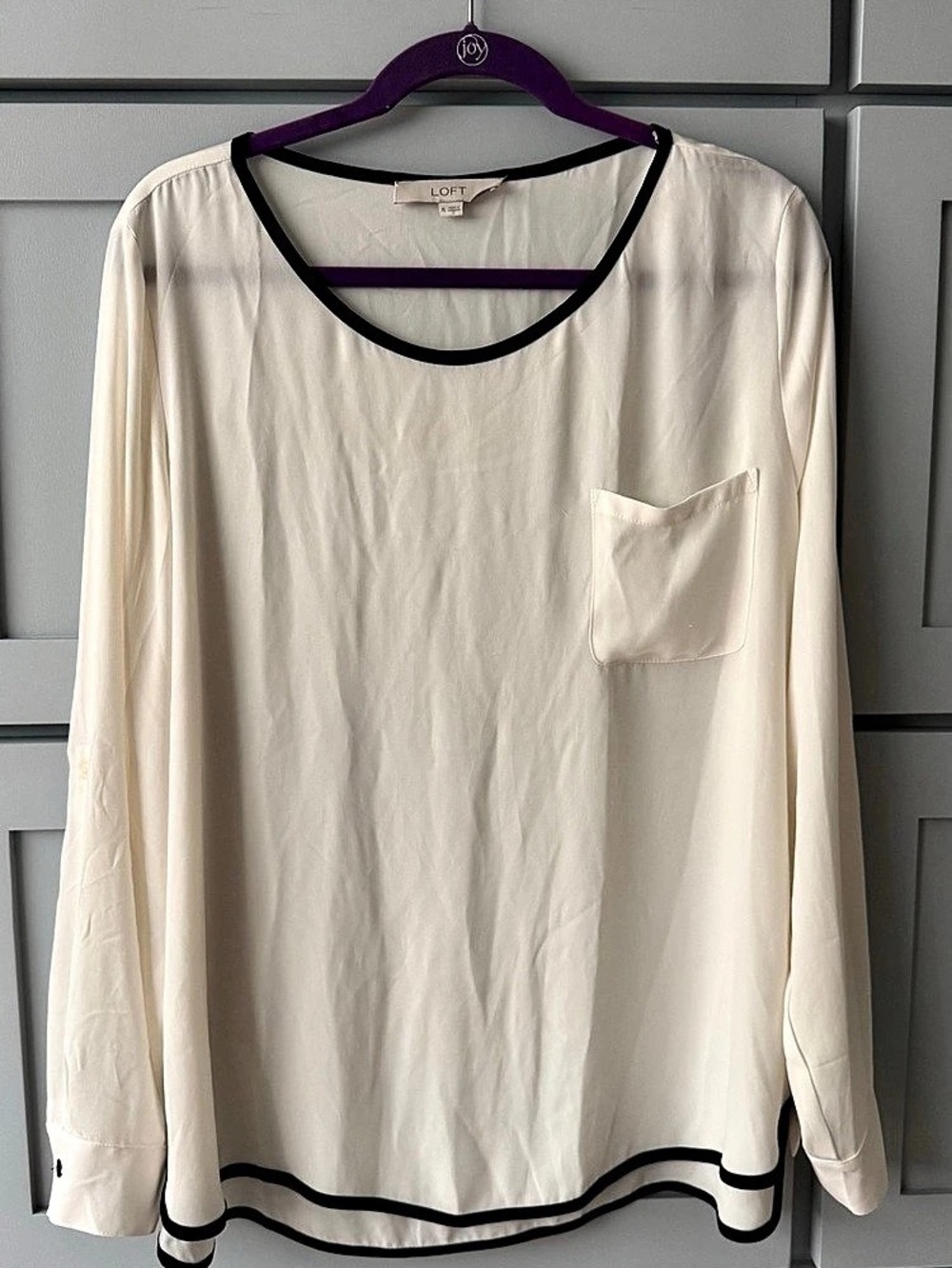 LOFT Trimmed Long Sleeve Blouse in Cream & Black Size XL Like New